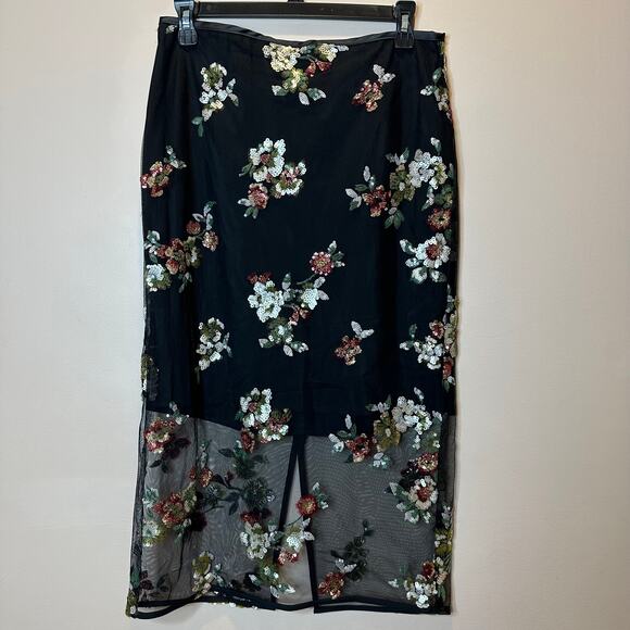 NWOT Worthington Black Multicolor Floral Sequin Semi Sheer Midi Skirt Womens 8 - Picture 1 of 10